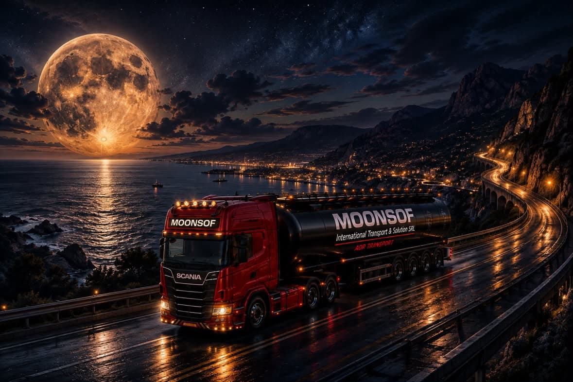 Cisternă MoonSof pe un drum de coastă, noaptea, sub luna plină